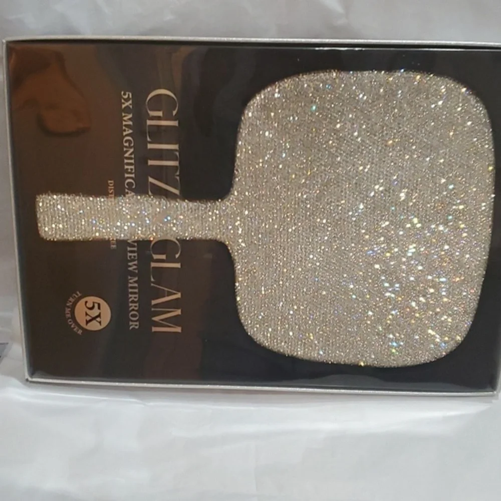 5X magnification Glitz Glam blinged crystal rhinestone hefty handheld mirror new